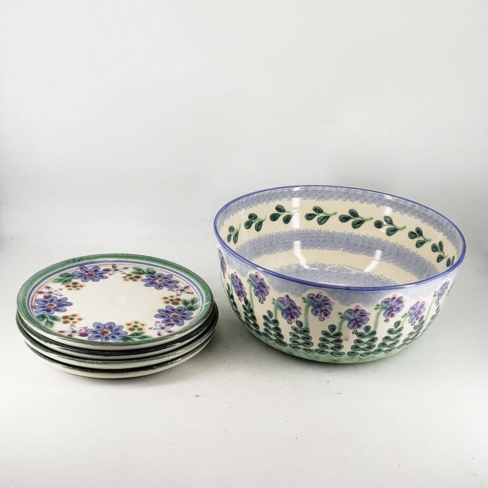 Vintage Sally Morley signed Studio Art Pottery Salad bowl and 4 salad plates